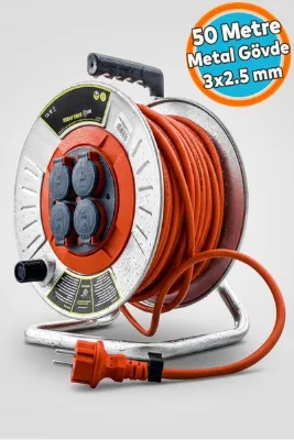 NZB Seyyar Makaralı Kablo Kapaklı 4 Prizli Metal Uzatma Kablosu 3x2.5 mm CCA Kablo 50 Metre