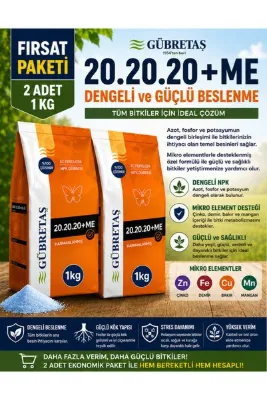 GÜBRETAŞ 2 Adet 20.20.20+Me 1Kg (Klor İçermeyen Suda Çözünür Gübre)