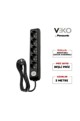 VİKO | Beşli Grup Priz, Anahtarlı Topraklı - Çocuk Korumalı Çoğaltıcı Priz, 5'li, 2 m, Siyah