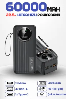 Enshall 60.000 Mah 22.5W Hızlı Şarj Destekli Forefo Dahili Kablolu Taşınabilir Batarya Powerbank