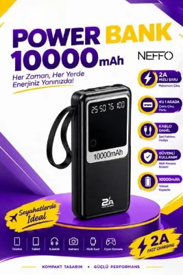 NEFFO 10.000 mAh Powerbank Taşınabilir Şarj Cihazı LED Ekranlı 2A Hızlı Şarj 4'ü 1 Arada Kablo Dahil