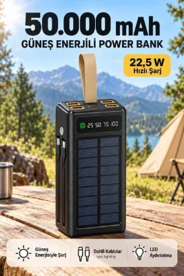 kawigo 50.000 mAh Powerbank 22.5W Hızlı Şarj Solar Powerbank Dahili Kablolu LED Fenerli Powerbank