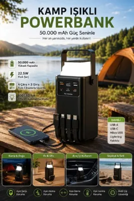 ABRAXTECH 50.000 mAh Kamp Işıklı Powerbank 22.5W Hızlı Şarj – Dahili 4 Kablo, LED Fener, Dijital Gösterge, USB-C & USB-A Taşınabilir Şarj Cihazı