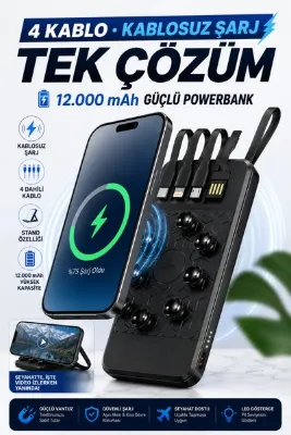Mmctech Powerbank 12.000 mah Wireless Standlı Magsafe li Vantuzlu Dahili Çoklu Kablo 4in1 Kablolu ve Kablosuz