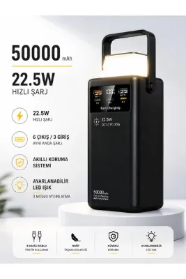 DEANB 50000mAh 22.5W Hızlı Şarj Powerbank Kamp Lambalı LED Işıklı Dahili Kablolu USB Type-C Girişli