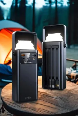 EXENAR 50000 mAh Hızlı Şarj Powerbank 22.5W Led Işıklı Kendinden Kablolu Powerbank Kamp Led Fenerli