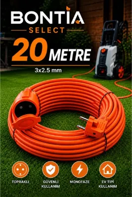 Bontia Uzatma Kablosu 20 Metre 3x2.5 mm² CCA Kablolu Kapaklı Monofaze Ev Tipi Topraklı Tekli Grup Fiş Priz IP44 Taşıma Çantalı
