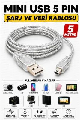 nelerbulurum 5 Metre USB 2.0 Mini USB 5 Pin Şarj ve Veri Kablosu PS3 PS4 GPS DVR Araç Kamerası Aksiyon Kamera Müzik Çalar Uyumlu