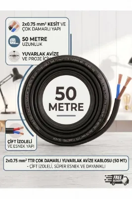GenelTedarik 50MT Ağaç Feneri Kablosu 2x0,75 TTR Hoparlör Kablo ,Elektrik Montaj Kablosu,Avize Abajur Lambader Duy Yuvarlak Kablo