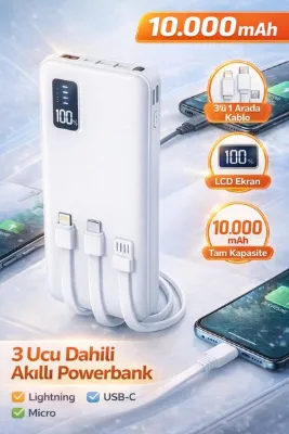 VOOKA 10.000mAh Dahili Kablolu Powerbank LCD Ekranlı 3’ü 1 Arada Lightning USB-C Micro