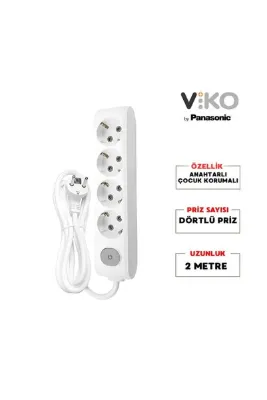 VİKO Dörtlü Çoklu Priz, Anahtarlı, Uzatma Kablosu, 4lü, 2m, Beyaz