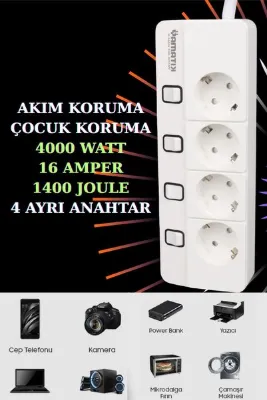 harry 4'Lü 2 Metre Kablolu Akım ve Çoçuk Korumalı Led Işıklı Ayrı Anahtarlı 4000 watt 1400 Joule