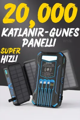 Wyze 20.000 Mah Katlanır Güneş Panelli 22.5 WATT PD Hızlı Kablolu Taşınabilir Powerbank
