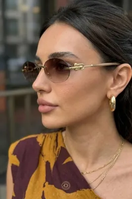 Eyesofia Cartiess Unisex Elips Kahverengi Gold Çerçeveli Ultra Hafif Uv400 Filtreli Güneş Gözlüğü
