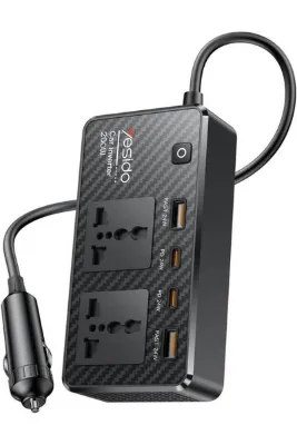 Coverzone VC07 200W Araç İçi İnvertör ENT 220V AC Güç Dönüştürücü, 2 AC Priz, 2 USB-A QC3.0, 2 USB-C PD