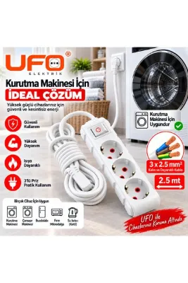 UFO Yüksek Güçlü Cihazlar İçin Uzatma Kablosu 3x2,5 mm² – Kurutma Makinesi Çamaşır Makinesi Bulaşık Makinesi ısıtıcı için Topraklı Anahtarlı Priz 2.5 Metre (Beyaz)
