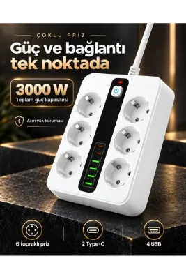 ABRAXTECH 6’lı Topraklı Çoklu Priz 3000 W 4 USB 2 Type-C Aşırı Yük Korumalı Anahtarlı