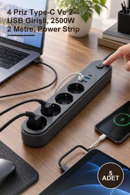 Yenilig 5 Adet Termal Akım Korumalı Uzatma Kablosu – 4 Priz Type-C Ve 2 USB Girişli, 2500W 2 Metre, Power Strip