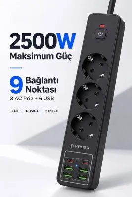 Kensa Akım Korumalı Priz 3'lü 4X USB-A + 2X USB-C (2 Metre Kablo)