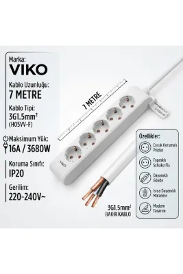 VİKO Multi-Let 5'lü Topraklı Priz 7 Metre 3x1.5 TTR Gerçek Bakır Kablolu Beyaz Grup Priz Özel Kesim