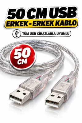 nelerbulurum USB 2.0 Erkek Erkek Kablo 50 CM Şeffaf 480 Mbps | Notebook Soğutucu, Web Kamera, Harici Disk ve Bilgisayar Bağlantı Kablosu
