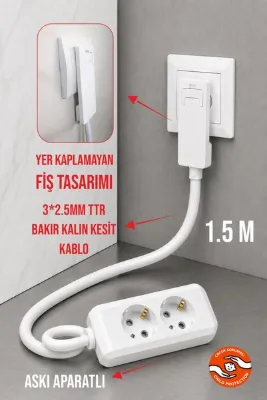 Aryes Kalın Kablolu 2'li Uzatma Kablosu 1.5 Metre %100 Bakır