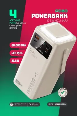 POWERWAY 80.000 mAh PD 22.5W Hızlı Şarj Dahili Kablolu Kamp Taşınabilir Güç Kaynağı Beyaz PD80 Powerbank
