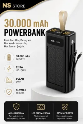 NS Store 30.000 mAh Güneş Enerjili Hızlı Şarj Destekli Powerbank LCD Göstergeli El Fenerli Taşınabilir Batary