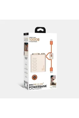 Mooni Tech Turuncu Krem Mini PD Powerbank 10000 mAh 22.5W Hızlı Şarj Lightning ve Type-C Dahili Kablolu Taşınabilir Şarj Cihazı