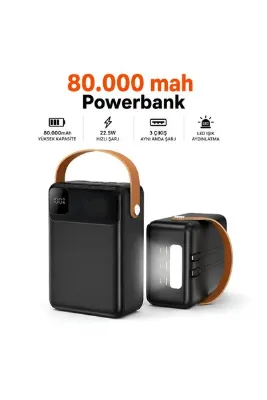 Dexmon 80.000 mAh Dev Kapasiteli Powerbank PD 22.5W Hızlı Şarj Type-C LED Fenerli Kendinden Kablolu Taşıma Askılı