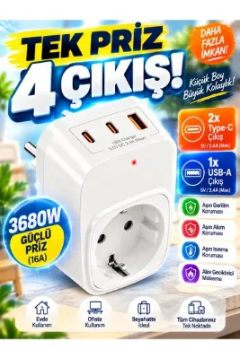 asua Çoklu Yüksek Voltaj Korumalı Duvar Prizi 2X Type-C 1X USB Çıkışlı Priz Grup Priz Çoğaltıcı