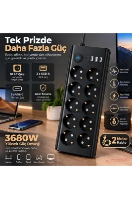 alpotekno 10'lu Akım Korumalı Çoklu Priz 3680W 16A 2 Metre Kablo 3 USB-A + 1 USB-C 750J Surge Korumalı