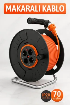 Badem10 Turuncu (70 Metre) 4'lü Topraklı Plastik Gövde Kablo Makarası 3X2,5 H05VV-F Termik Korumalı IP20 3680W