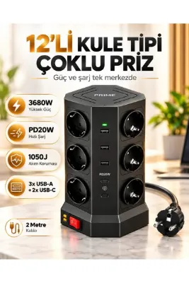 asua Kule Tipi 12’li Çoklu Priz 3680W – 3 USB-A 2 USB-C PD20W 1050J Akım Korumalı 2 Metre Kablolu Şarj İstasyonu