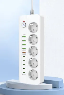 Yussraw PRO P13 3000W Akım Korumalı 5 Girişli Type-c ve USB Girişli Uzatmalı Grup Priz 1,8metre kablo uzunlu