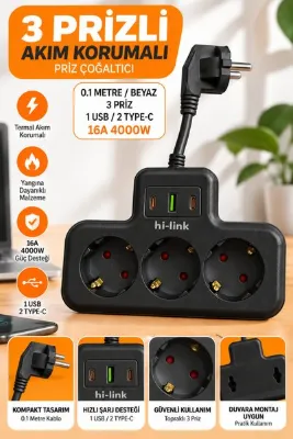 Happy Owl 10 cm Kablolu Akım Korumalı 3'lü Priz 4000W 16A – 1 USB 2 Type-C Girişli 0.1 Metre Kablolu Priz Çoğaltıcı Siyah