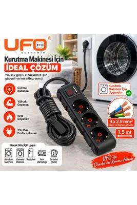UFO Yüksek Güçlü Cihazlar İçin Uzatma Kablosu 3x2,5 mm² – Kurutma Makinesi Çamaşır Makinesi Bulaşık Makinesi ısıtıcı için Topraklı Anahtarlı Priz 1.5 Metre (Siyah)