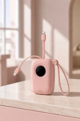VİALUNA 10.000 mAh Çift Kablolu Powerbank – Type-C & Lightning - Pembe