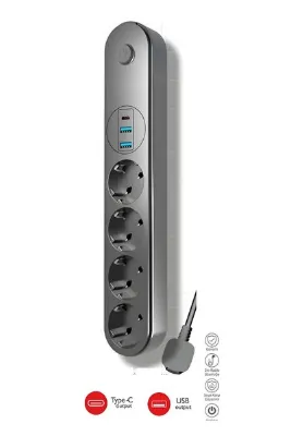 Riddex Termal Akım Korumalı USB ve Type-C 2.1A Şarj Çıkışlı 10A 2500W 4'lü Uzatma Grup Priz Siyah 2 M 3402