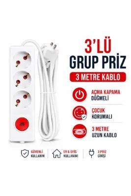 Mutlusan 3’lü Grup Priz 3 Metre Kablolu Düğmeli Çocuk Korumalı Uzatma Kablosu