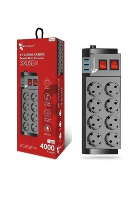Fillikutum Termal Akım Korumalı 8li Uzatma Kablosu 3xUsb 2 Metre 16 Amper