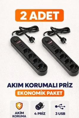 Icon 2 ADET Akım Korumalı 4'lü Priz 3 USB Girişli 2 Metre Kablolu Çoklu Priz Uzatma Prizi