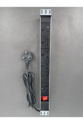 RAK 19" 1U PDU, 6 x İngiliz Tipi Priz (BS 1363), 2,5m 3x1,5mm2 13A sigortalı İngiliz Tipi Fişli kablolu, On/Off Işıklı Anahtarlı,