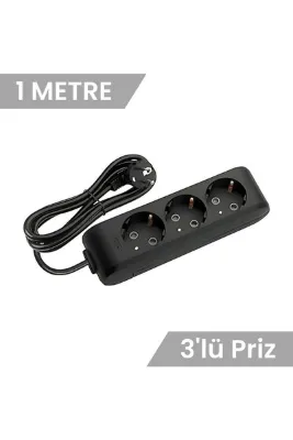 VİKO Üçlü Çoklu Priz, Topraklı, Uzatma Kablosu, 3lü, 1m, Siyah