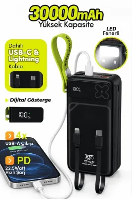 7GO GPW-12 30000 mAh 22.5W Hızlı Şarj Powerbank – Dahili Type-C ve Lightning Kablolu, Dijital Ekranl