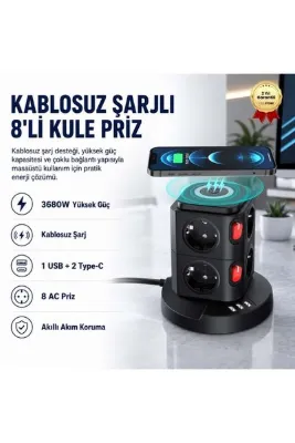 hızlı store Kablosuz Şarj Destekli 3680W 8'li kule Priz-Wireless Şarj Destekli