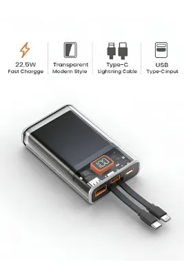 ÇELİKWORK 10,000mAh Taşınabilir Powerbank – 22.5W Hızlı Şarj Type-C & Lightning Kablolu iPhone Şarj Aleti