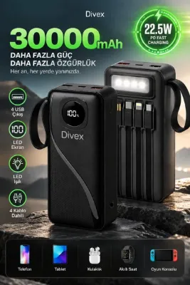 Divex 30.000 mAh 22.5W Hızlı Şarj Powerbank – 4 Dahili Kablolu, LED Fenerli, Dijital Göstergeli Taşınabilir Şarj Cihazı