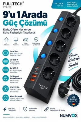 numvox 5'li Akım Korumalı Çoklu Priz 2 Metre Kablolu 3680W 16A 5 Bağımsız Anahtarlı 2 USB-A 2 USB-C PD 20W