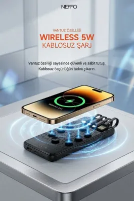 NEFFO Powerbank 12.000 mah Wireless Standlı Vantuzlu Dahili Çoklu Kablo 4in1 Kablolu ve Kablosuz